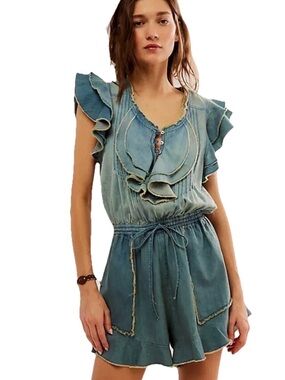 Free People FP One Naya Chambray Romper Light Blue Flutter sleeves Smocked Med